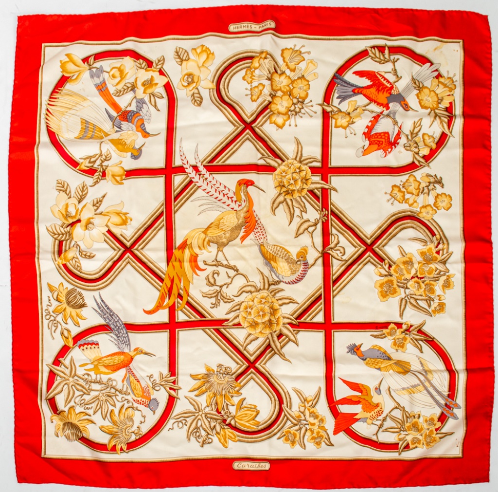 HERMES RED CARAIBES SQUARE SILK SCARF