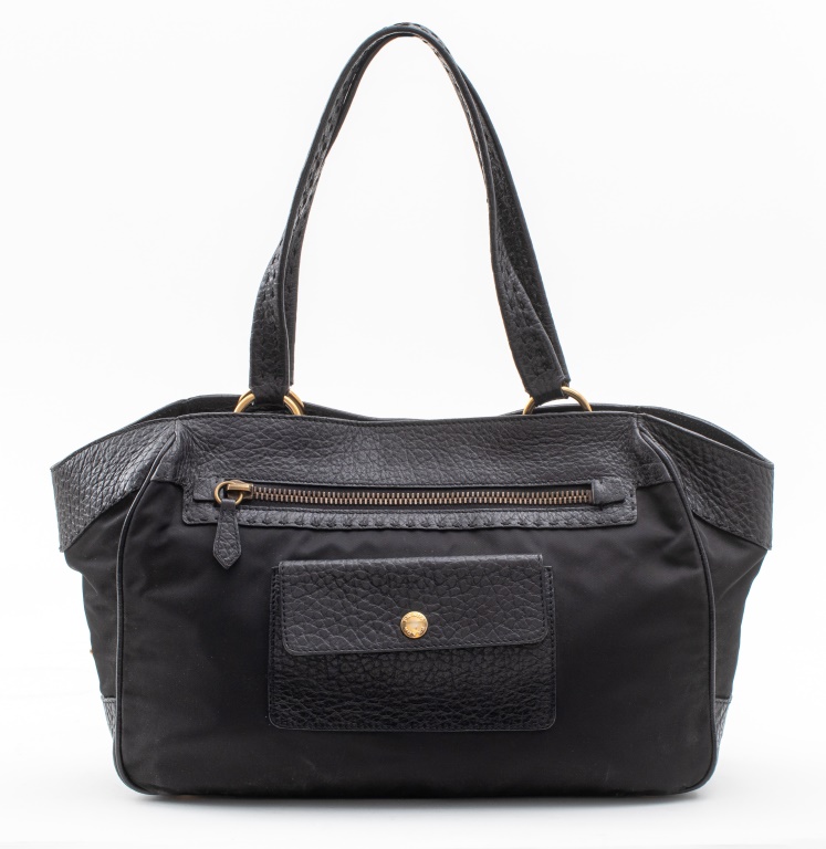 PRADA BLACK NYLON AND LEATHER HANDBAG