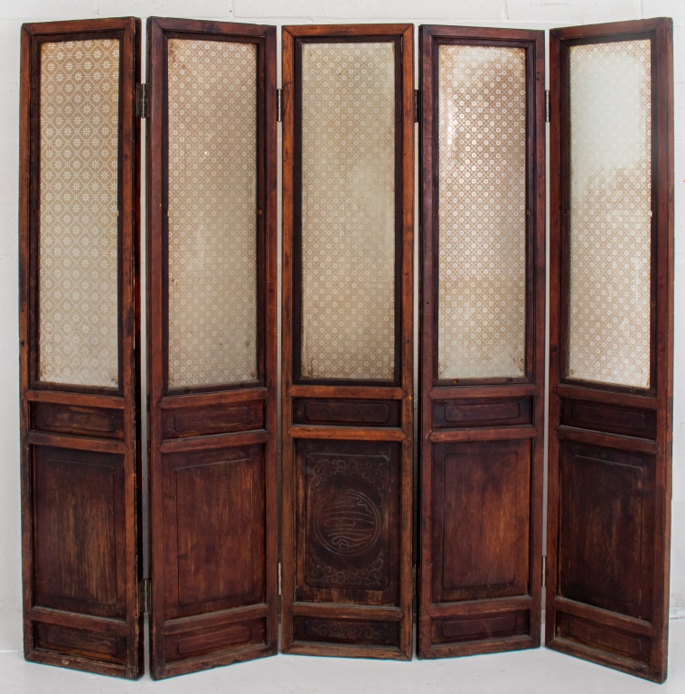CHINESE FIVE-PANEL WOOD AND GLASS