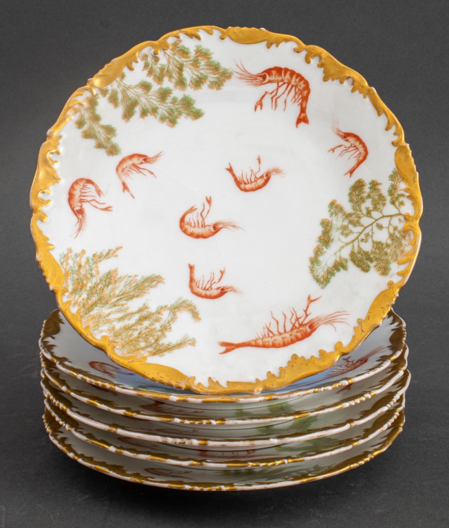 T&V LIMOGES PORCELAIN SEAFOOD PLATES,