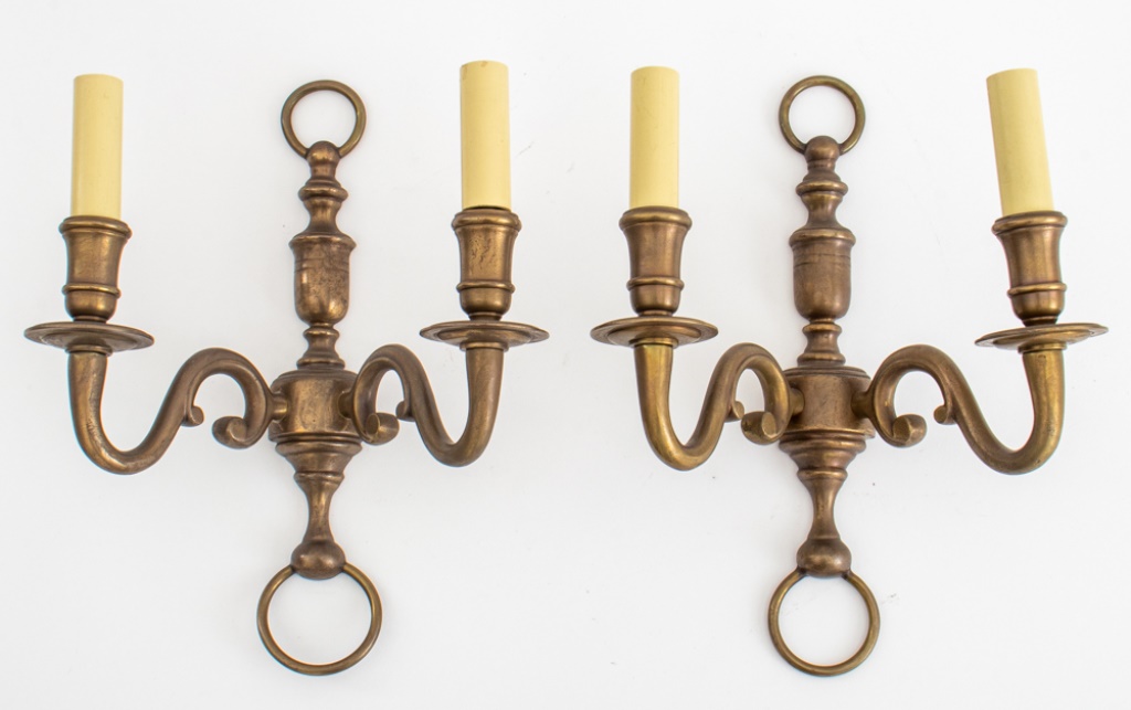 BRASS TWO-ARM WALL SCONCES, PAIR