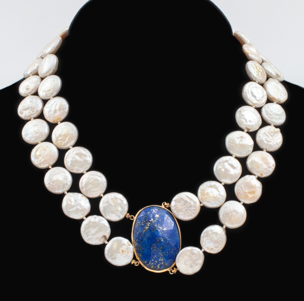 14K GOLD LAPIS LAZULI COIN PEARL 2bc168