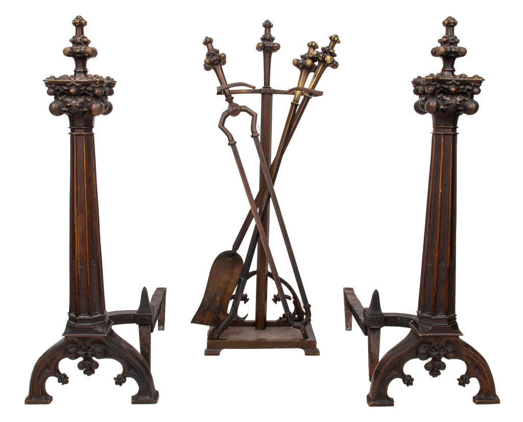 GOTHIC REVIVAL BRONZE ANDIRONS & FIREPLACE