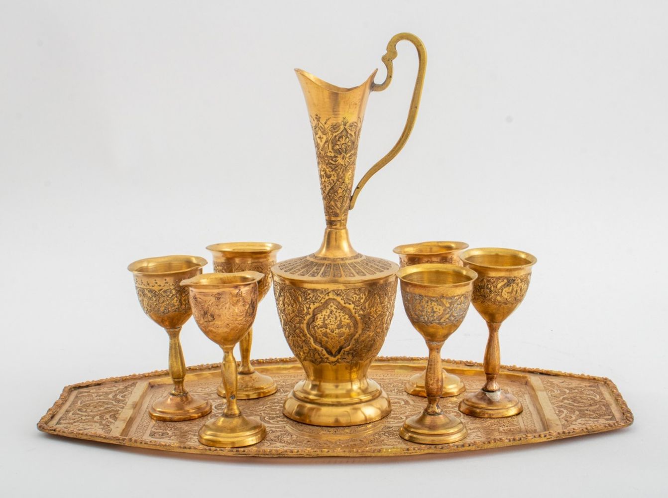 EGYPTIAN ENGRAVED BRASS CORDIAL SET