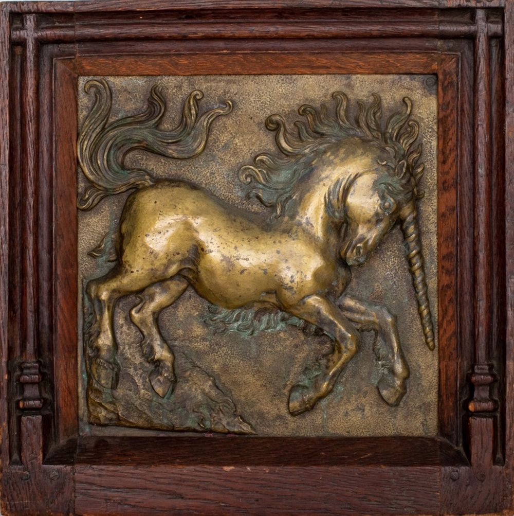 MEDIEVAL REVIVAL UNICORN BRONZE RELIEF