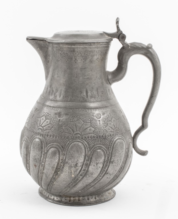 ANTIQUE COVERED PEWTER PITCHER