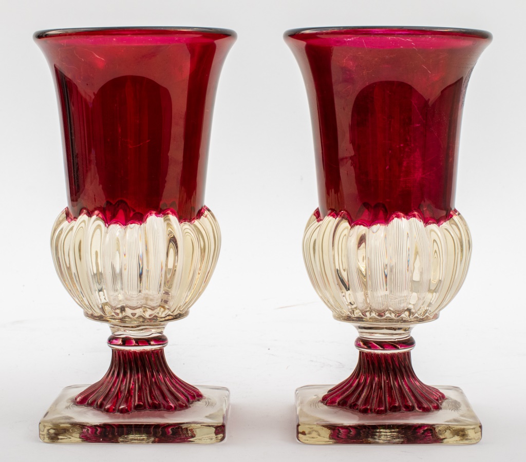 VINTAGE RUBY RED GLASS VASES, PAIR