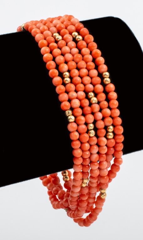 14K GOLD CORAL MULTI STRAND BEADED 2bc888