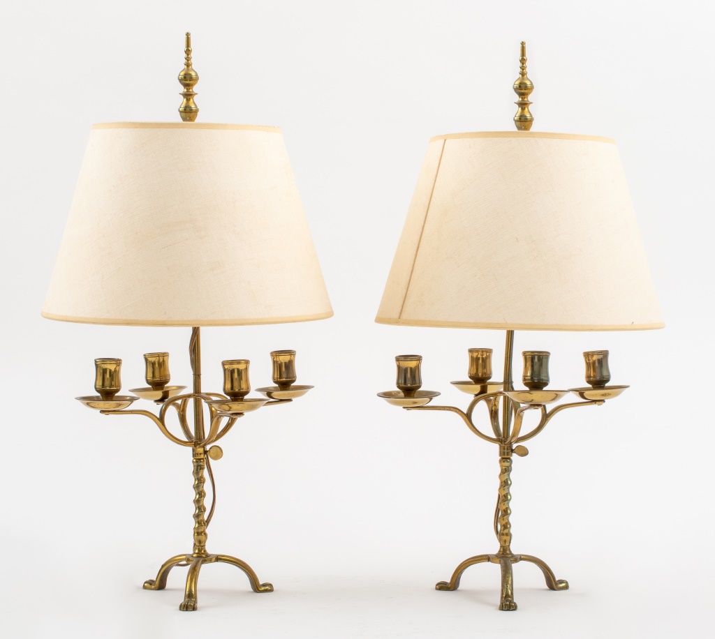 BRASS FOUR-ARM CANDLE LAMPS, PAIR