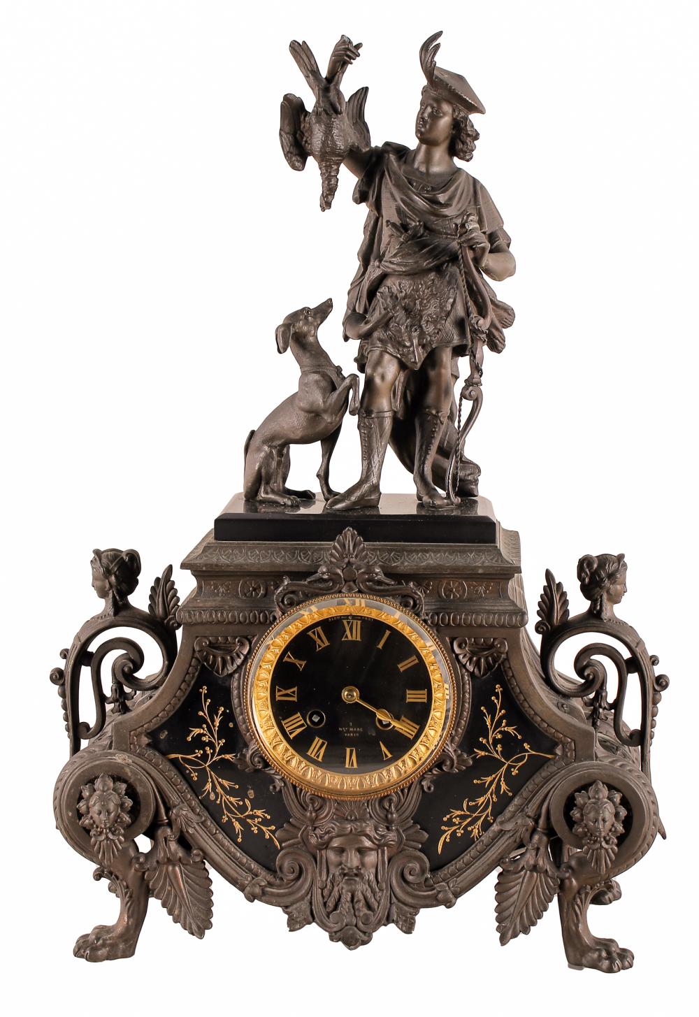 FRENCH FIGURAL MANTEL CLOCKpatinated 2bc93e