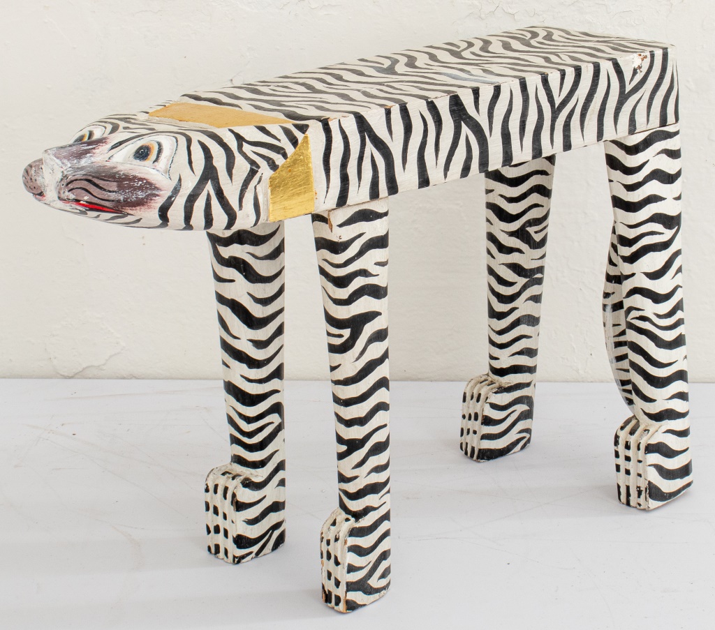 FOLK ART ZEBRA-STRIPED CAT STOOL