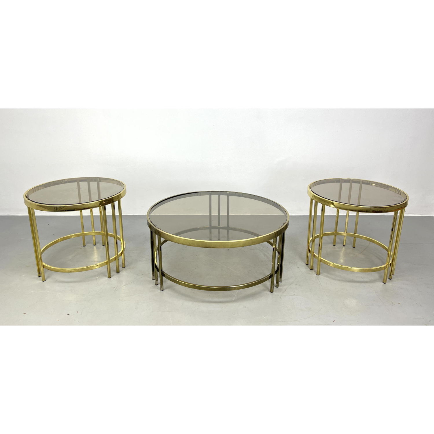 3pc Modernist Brass Tone Glass Coffee,