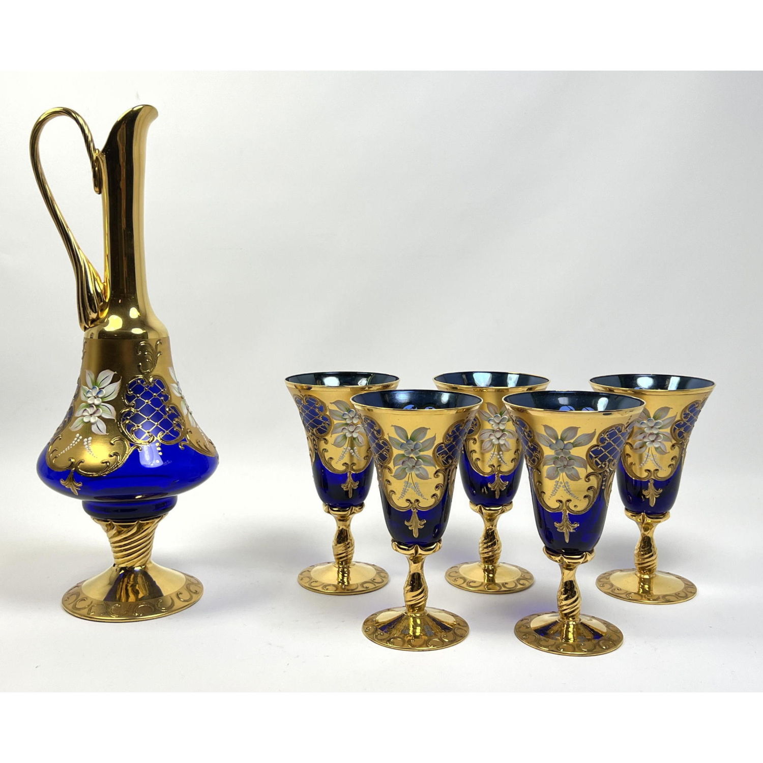 6pc Bohemian Art Glass Decanter Drink