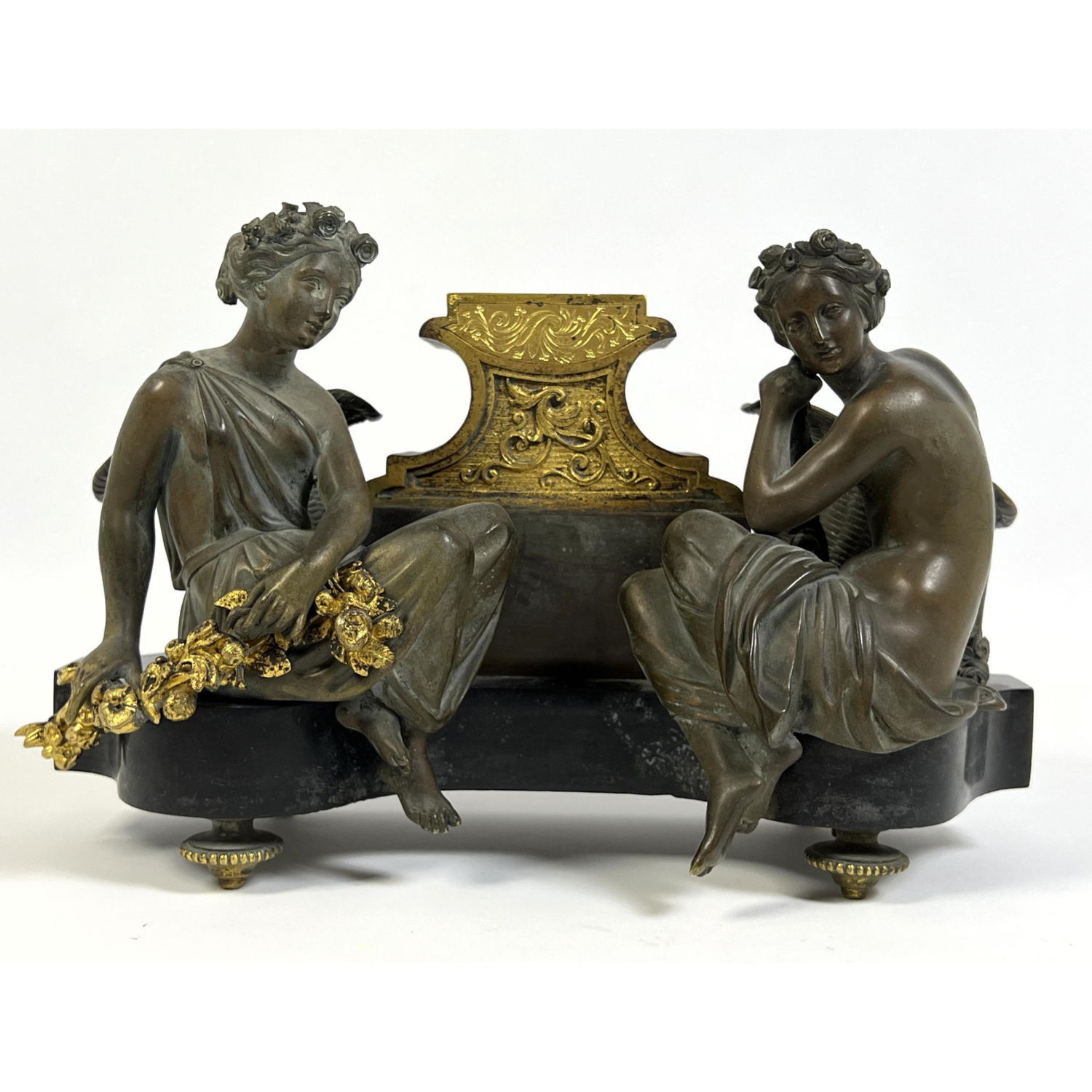 Antique Bronze and Marble Inkwell