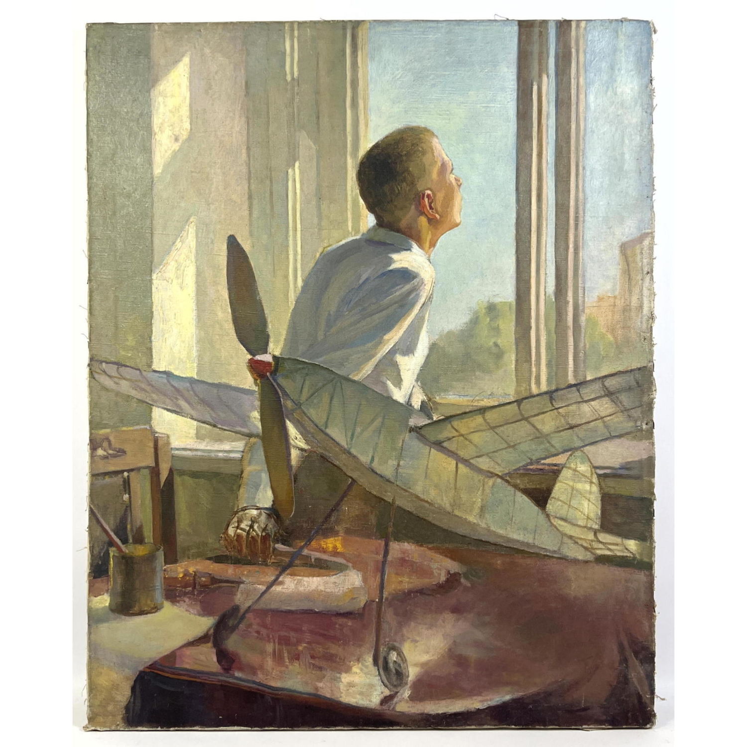 Painting on Canvas. Boy with Model Airplane