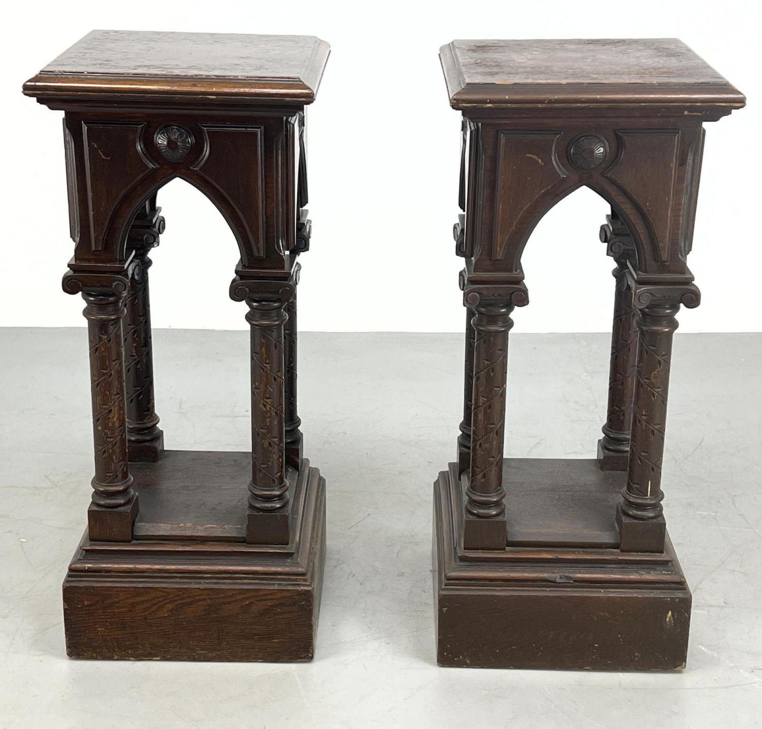 Pair of oak carved Gothic pedestals 2bacc9