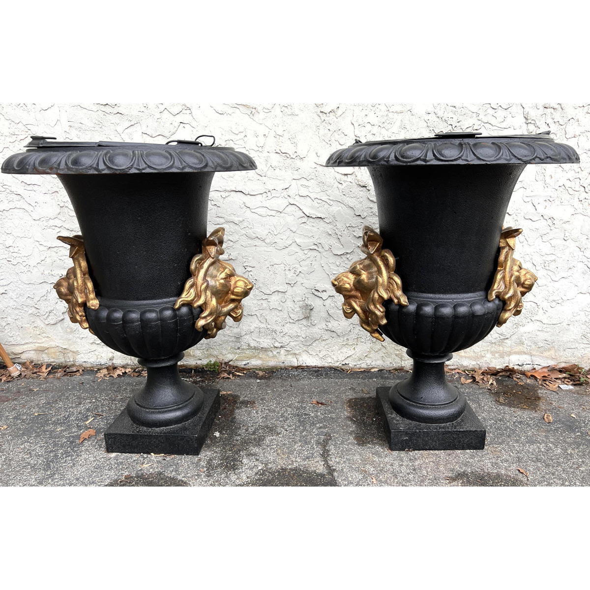 Pair Large Heavy Iron Urn Planters 2bb08a