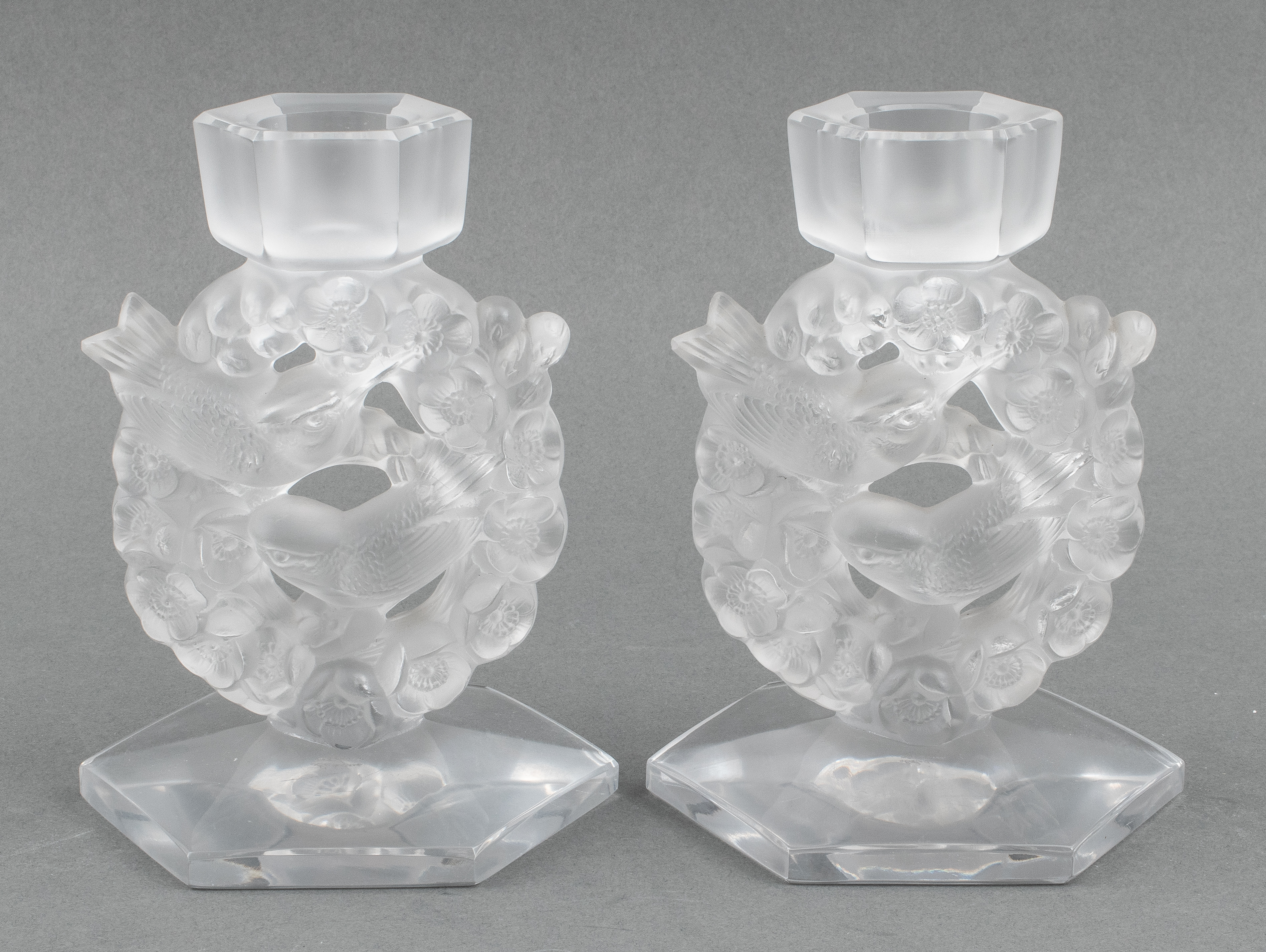 RENE LALIQUE MESANGES CANDLESTICKS,