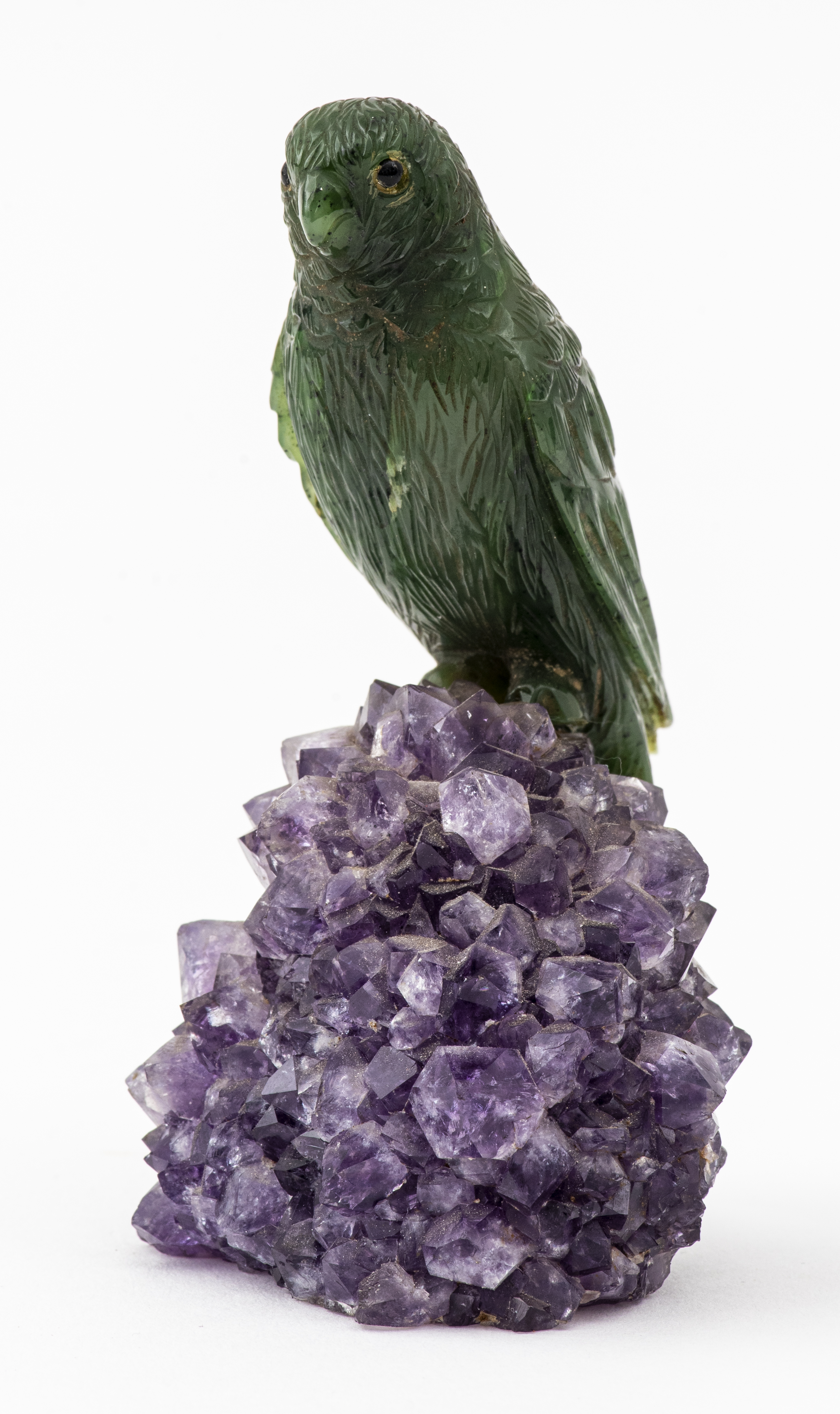 GREEN AGATE BIRD ON PURPLE QUARTZ GEODE