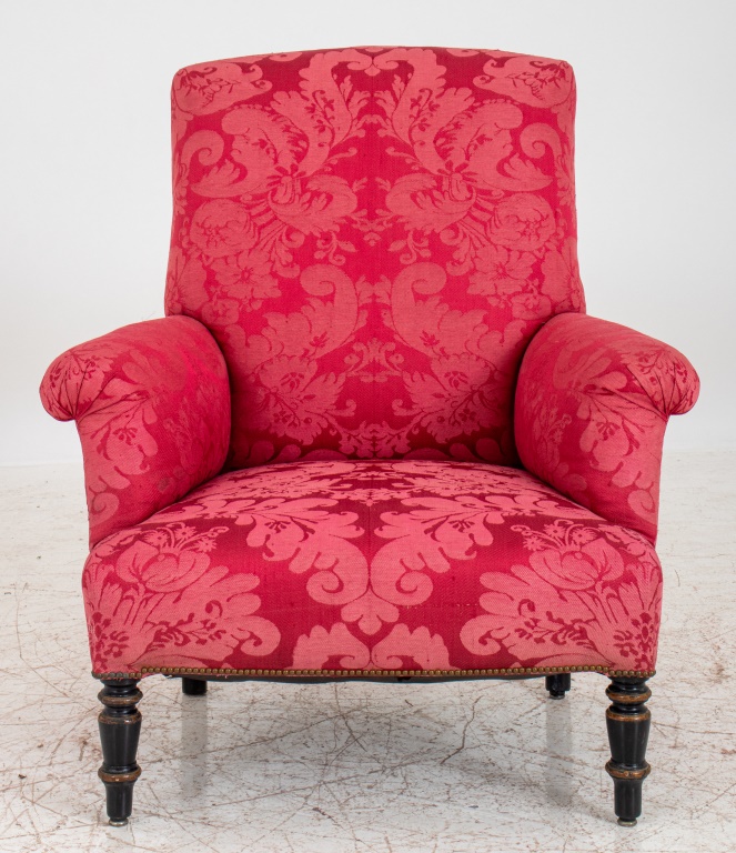 GILDED AGE STYLE RED DAMASK UPHOLSTERED