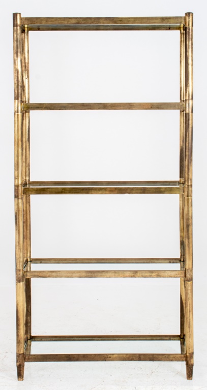 DISTRESSED BRASS AND GLASS ETAGERE