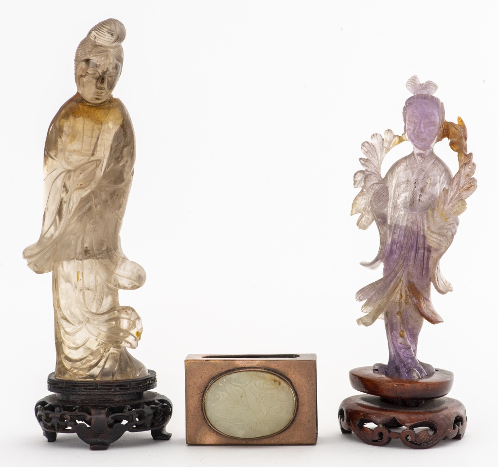 TWO CHINESE CARVED QUARTZ MAIDENS