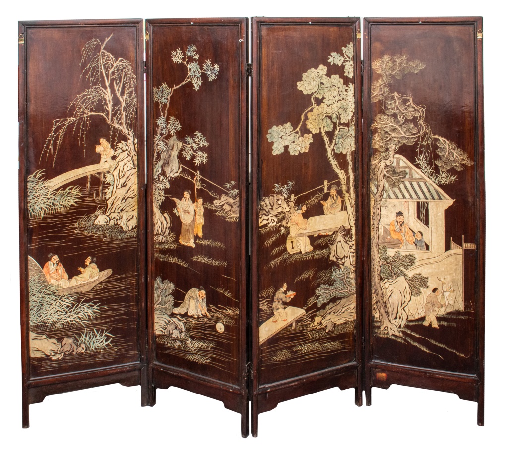 CHINESE HARDSTONE INLAID WOOD FOUR