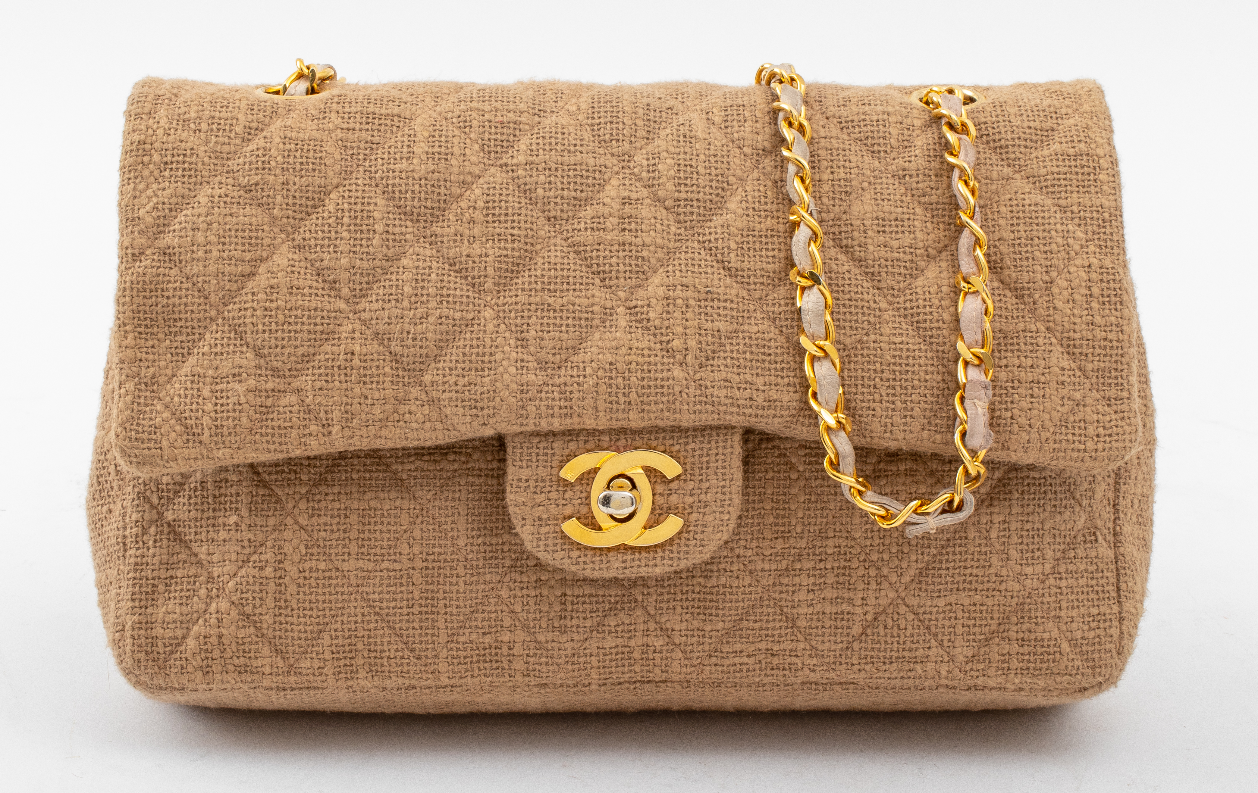 CHANEL BEIGE LINEN FLAP BAG WITH