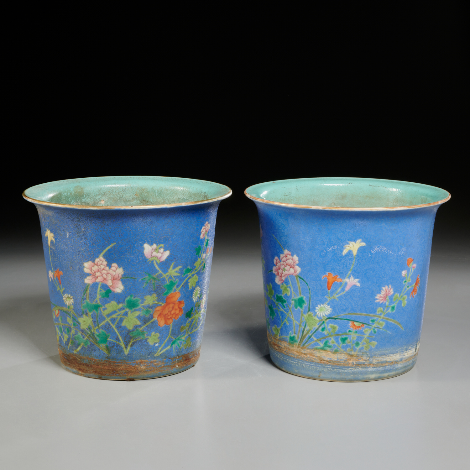 PAIR CHINESE SGRAFFITO GROUND JARDINIERES