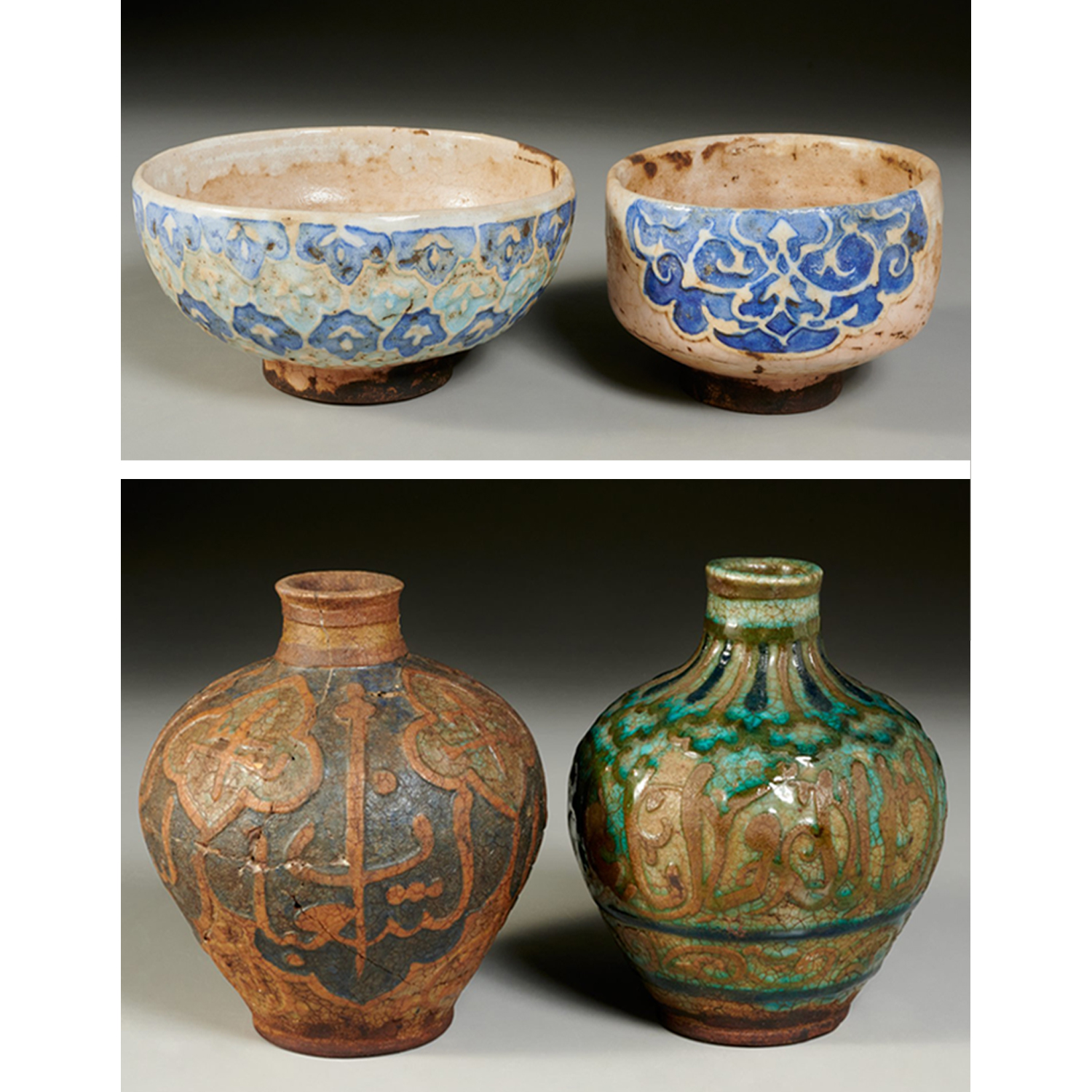 (4) PERSIAN POTTERY BOWLS AND VASES