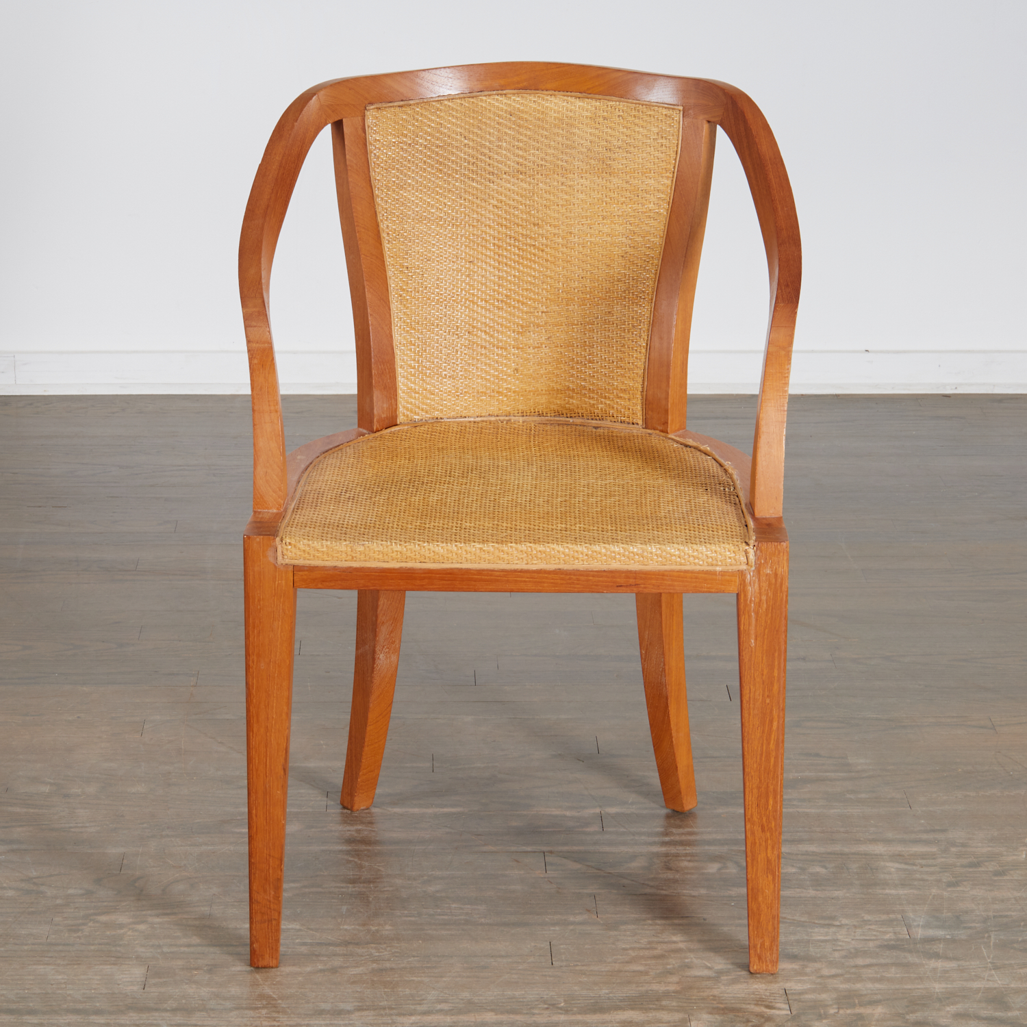 LOUIS CANE, WOVEN RATTAN AND OAK FAUTEUIL