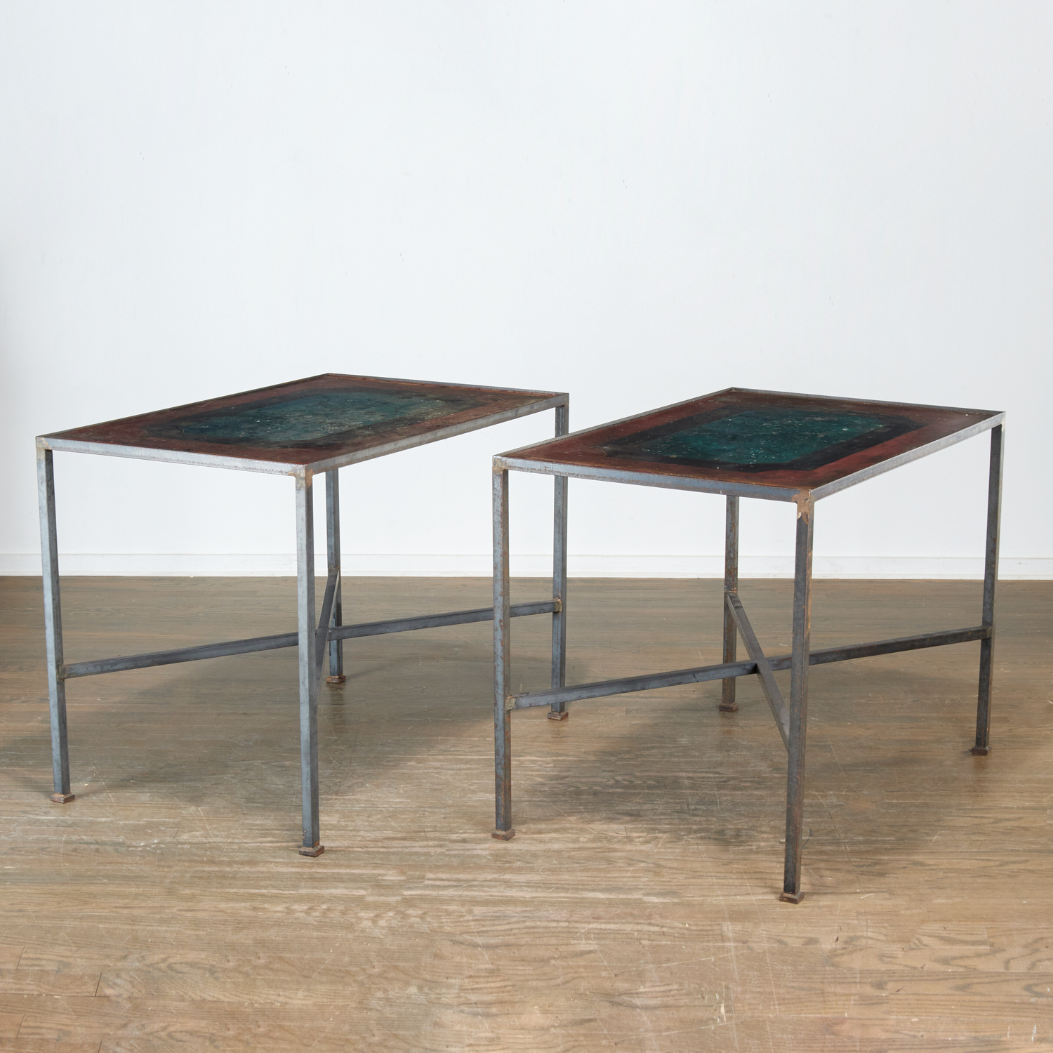 PAIR STEEL & PAINTED SLATE TABLES,