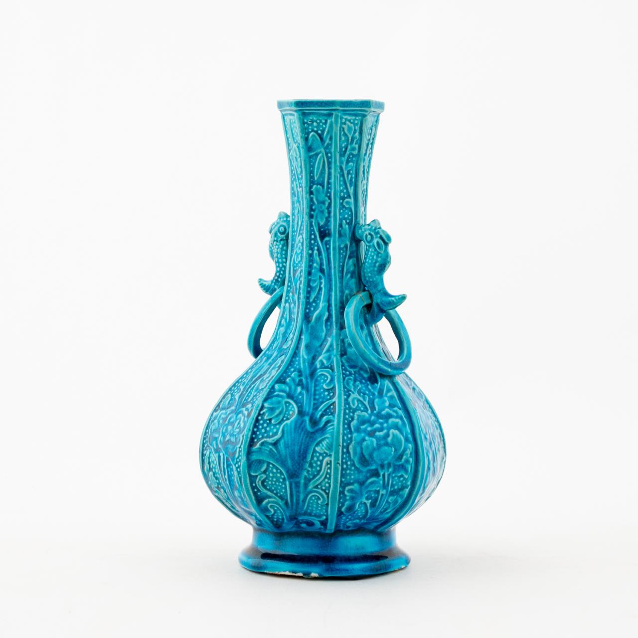 CHINESE OCTAGONAL PEACOCK BLUE GLAZE