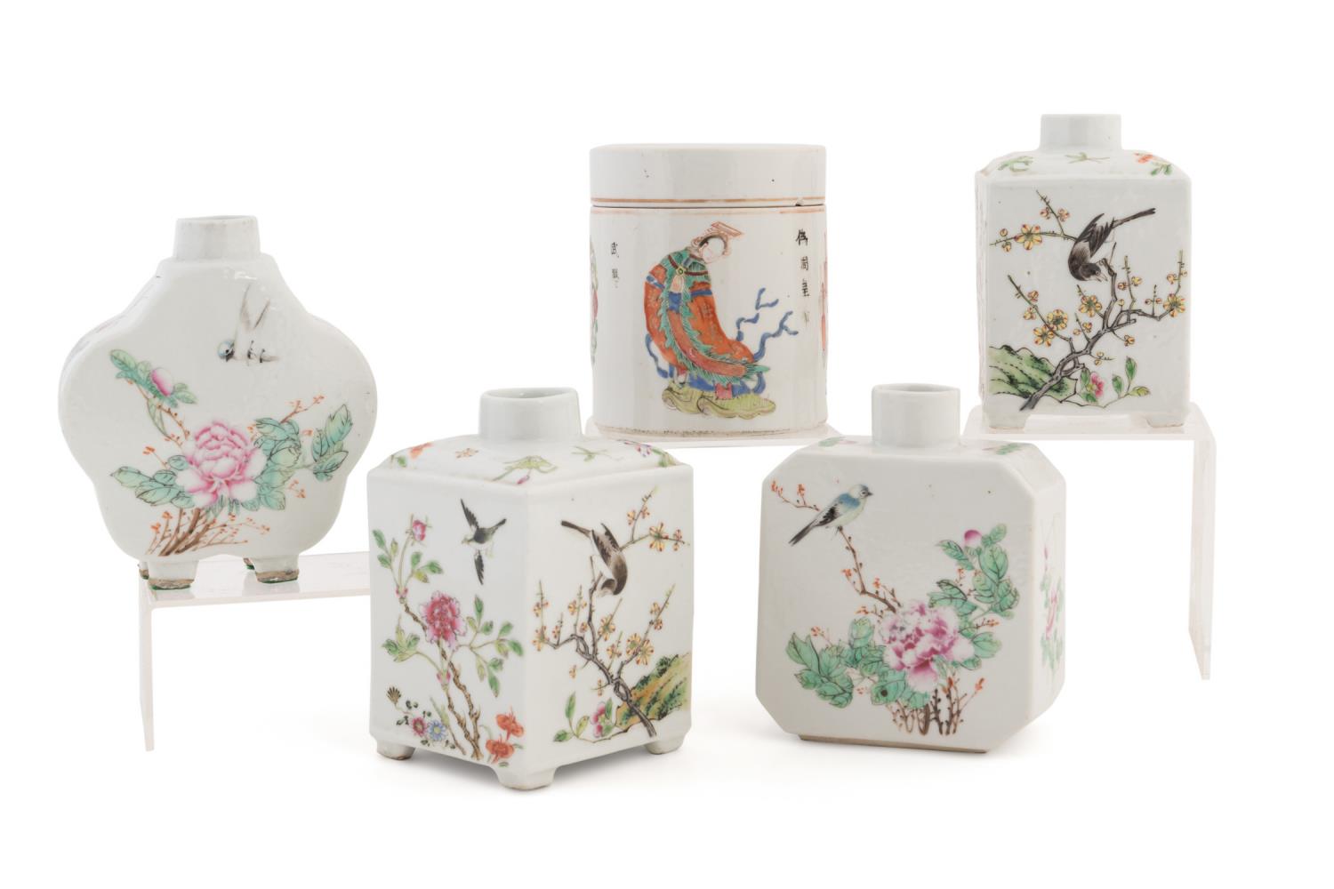 FIVE CHINESE FAMILLE ROSE TEA CADDIES