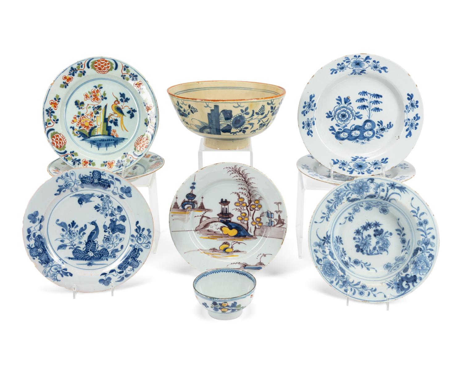 NINE PIECES DELFTWARE TABLEWARE, 18TH/19TH