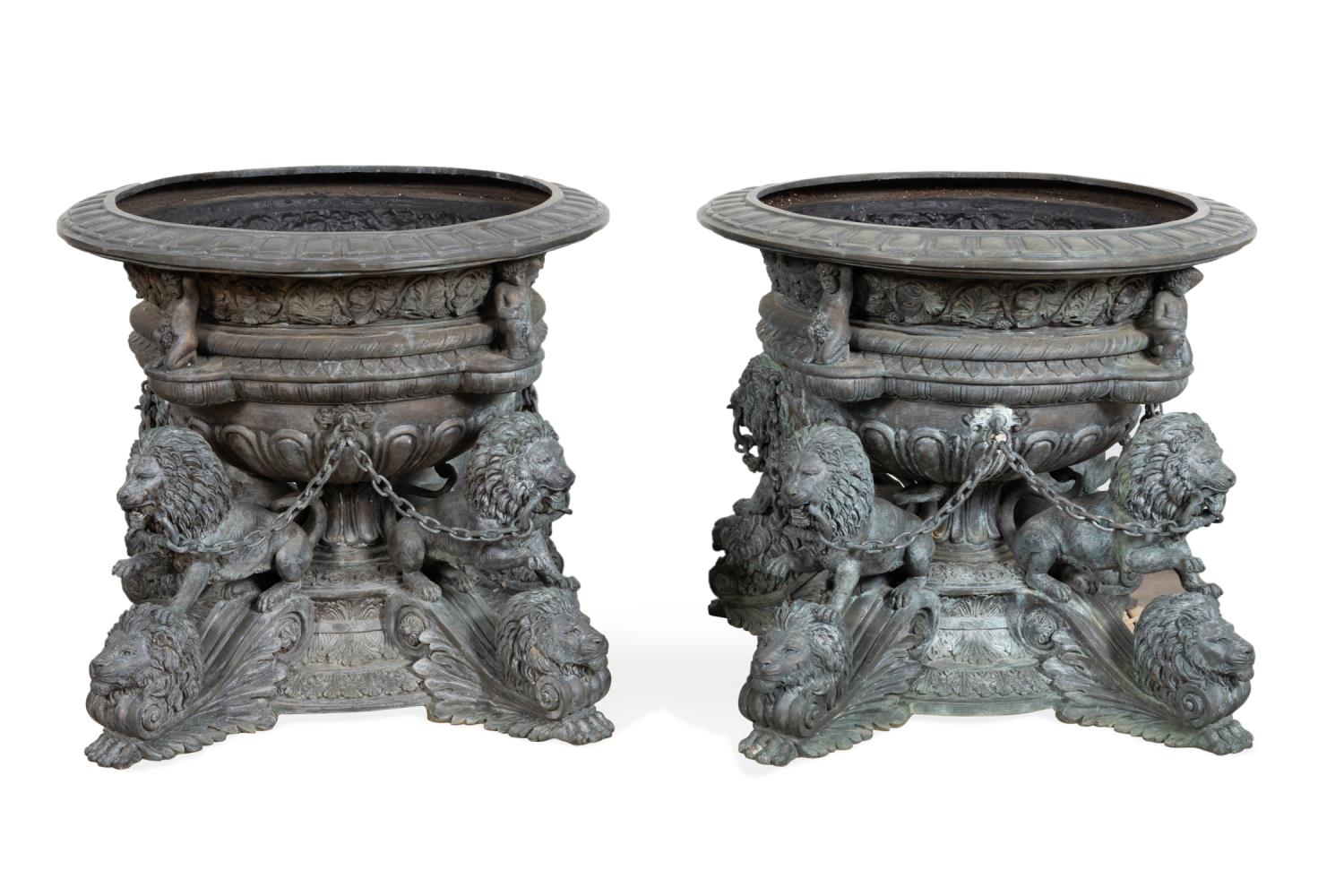 PAIR MONUMENTAL BRONZE PLANTERS WITH