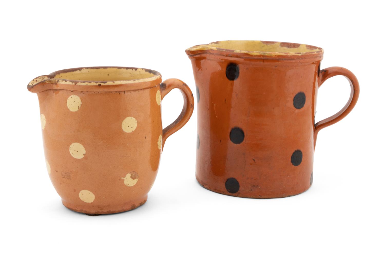 TWO FRENCH JASPE POTTERY POLKA DOT PITCHERS