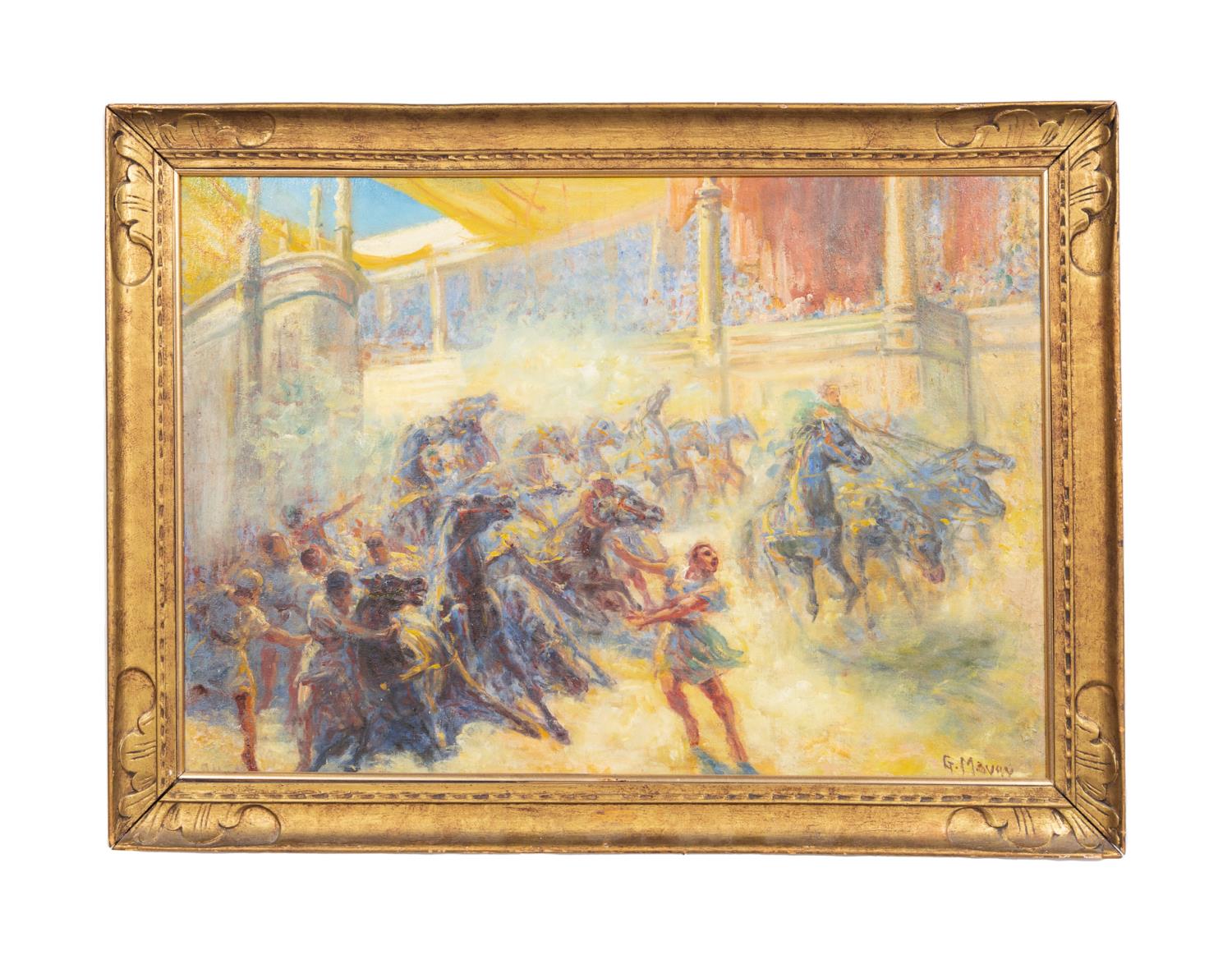 G. MAURY, CHARIOT RACE, OIL ON