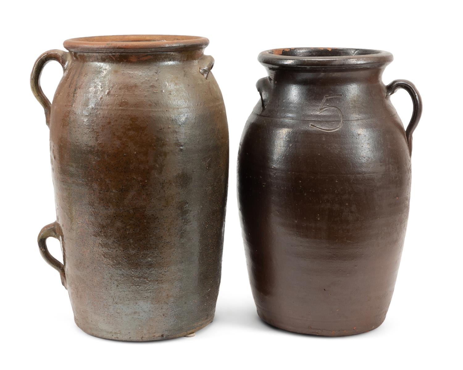 TWO AMERICAN POTTERY BROWN GLAZED BUTTER