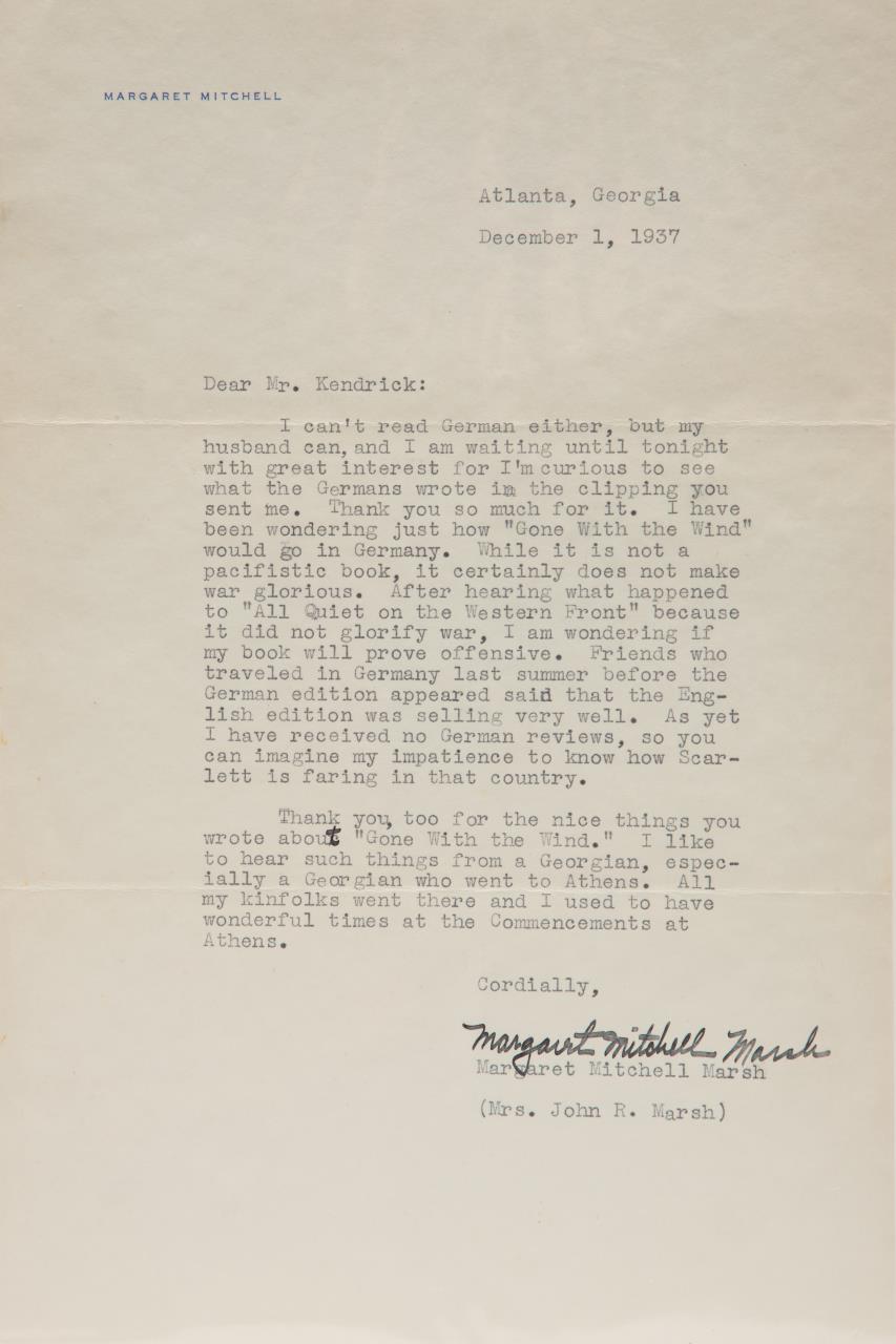MARGARET MITCHELL SIGNED LETTER, RE: