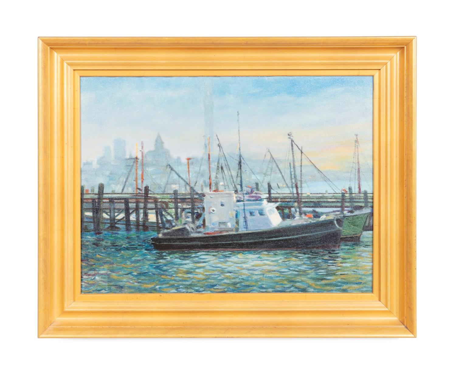 FRANK MILBY, DOCKED SHIP, OIL ON