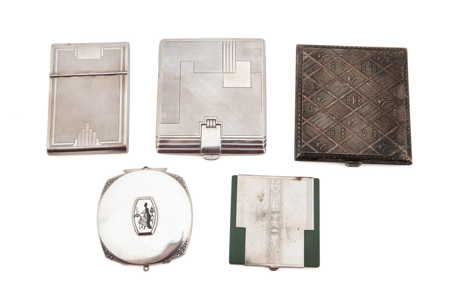 FIVE SILVER COMPACTS & CIGARETTE