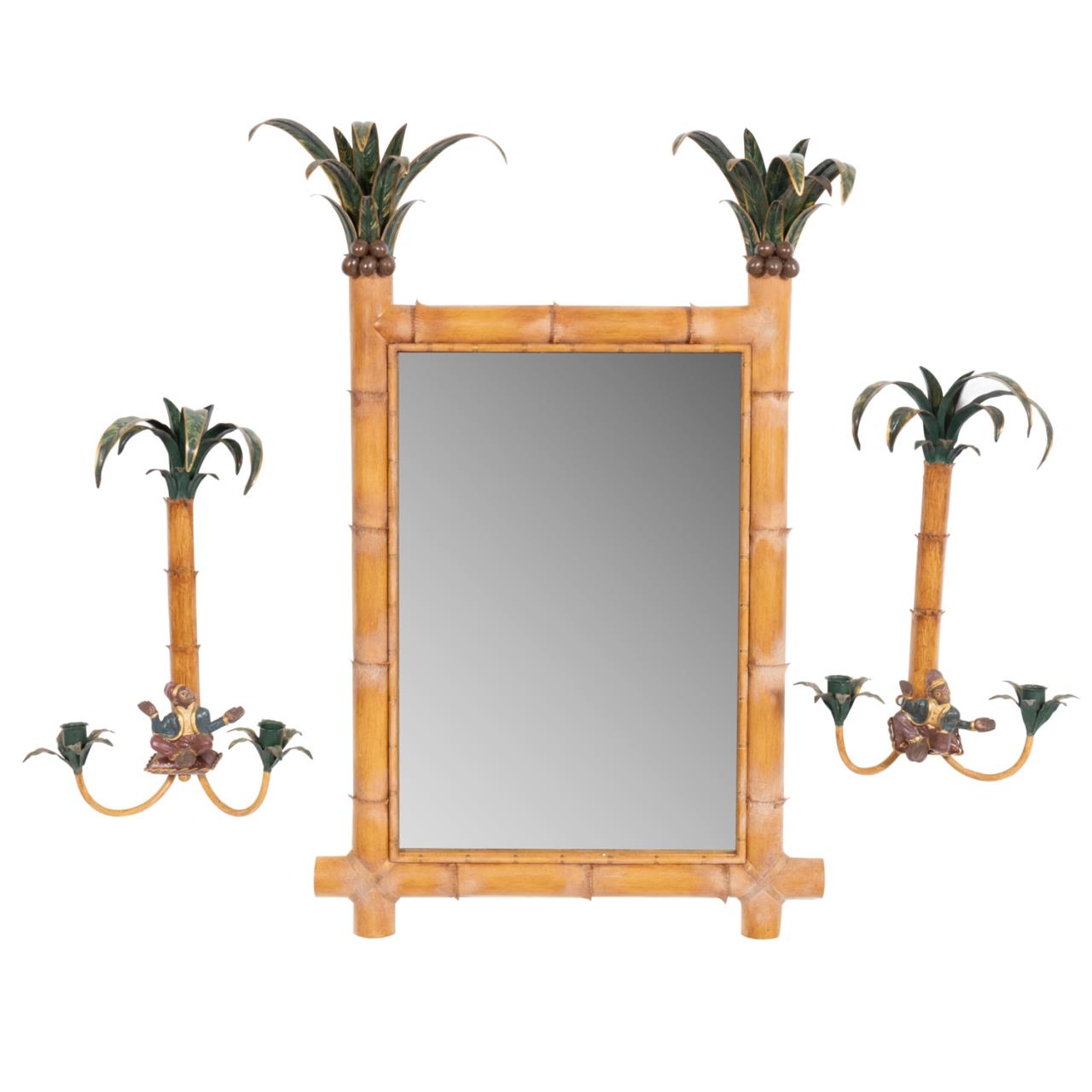 TOLE PALM TREE MIRROR & PAIR OF SCONCES