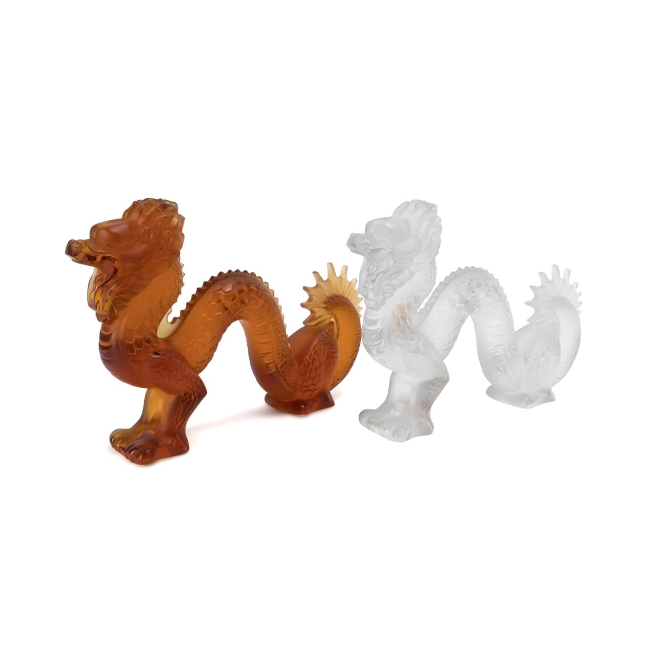 TWO LALIQUE FRANCE WRITHING DRAGONS