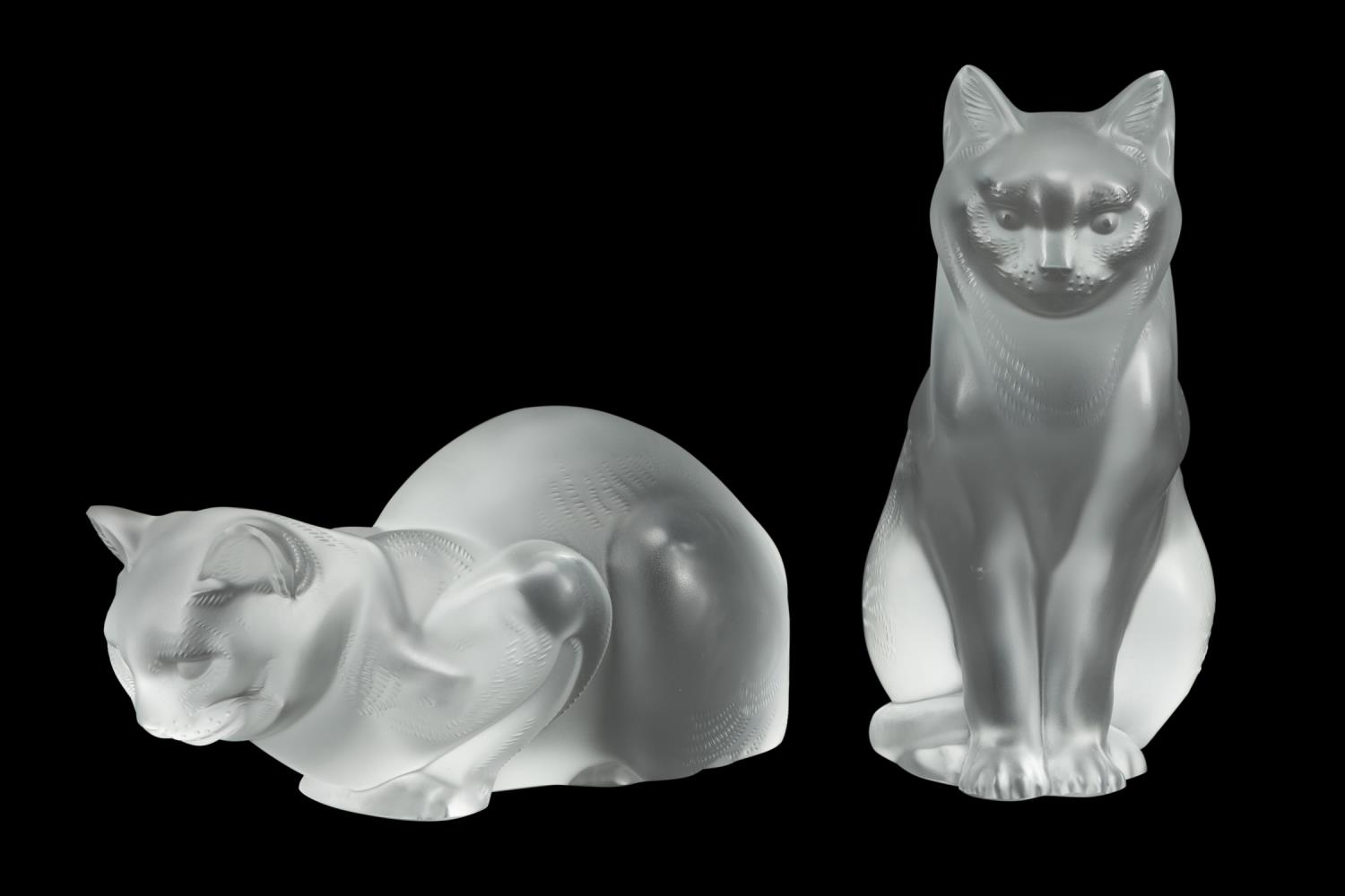 TWO LALIQUE FRANCE SIGNED & DATED CAT