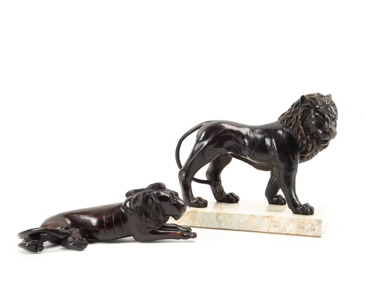 TWO DECORATIVE LION FIGURINES, METAL