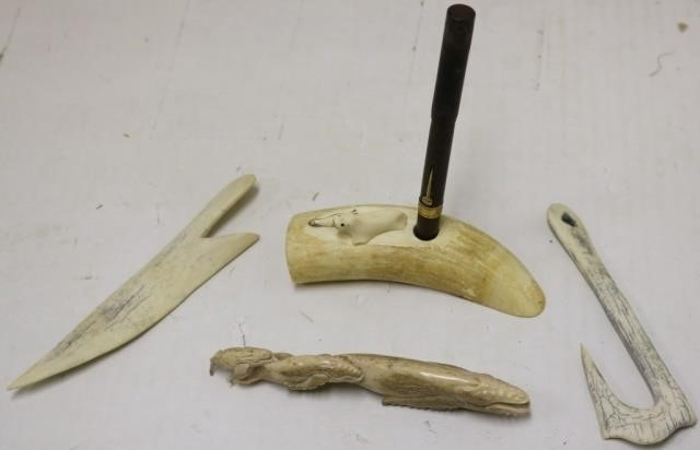 5 PIECES OF SCRIMSHAW TO INCLUDE A PETRIFIEDWHALEBONE