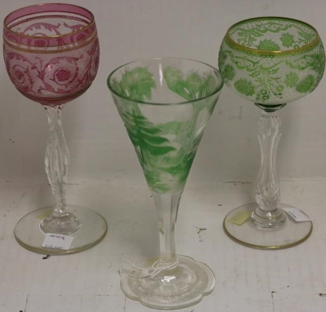 3 MOSER CUT OVERLAY GOBLETS TO