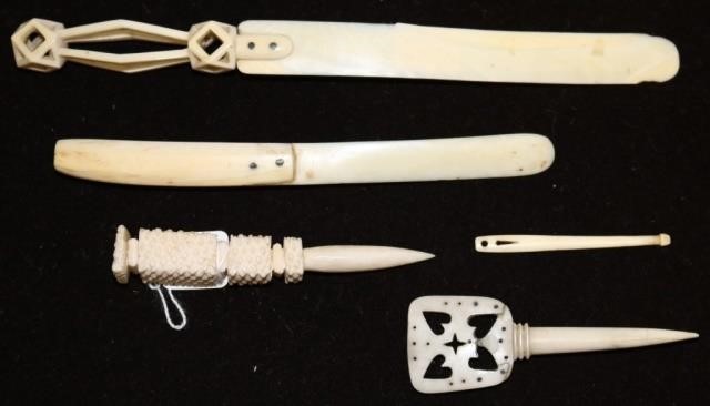 FIVE 19TH C SCRIMSHAW ITEMS TO