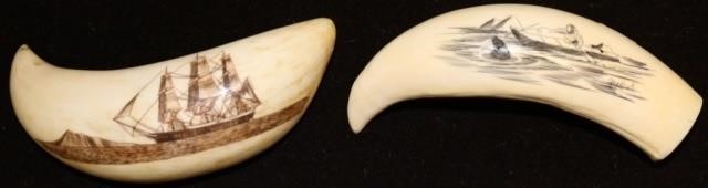 2 LATE 20TH C SCRIMSHAW WHALES TEETH.